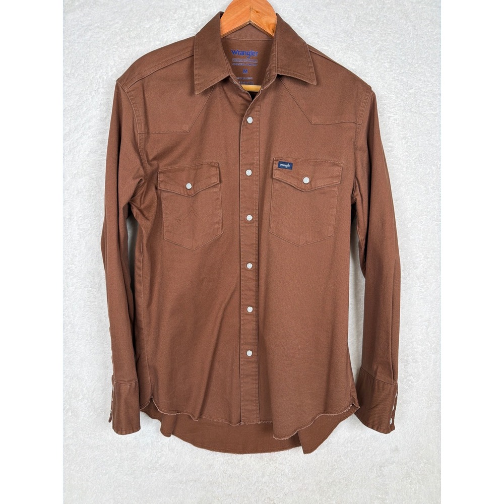 Wrangler Western Shirt Mens M Brown Premium Performance Advanced Comfort Snap Up